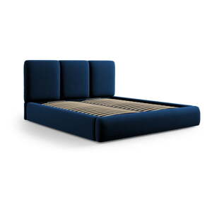 Tmavomodrá zamatová čalúnená dvojlôžková posteľ s úložným priestorom s roštom 180x200 cm Brody – Mazzini Beds