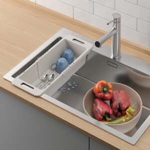 Sivý nastaviteľný plastový teleskopický odkvapkávač do drezu 52x18 cm – Metaltex