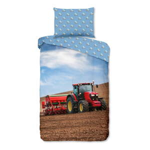 Modrá flanelová detská obliečka na jednolôžko 140x200 cm Tractor – Good Morning