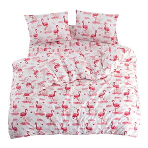 Biele/ružové obliečky na jednolôžko/predĺžené s plachtou/3-dielne 160x220 cm Flamingo – Mila Home