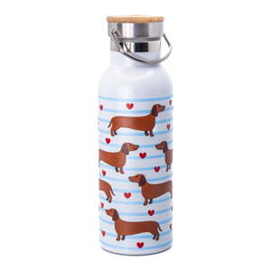 Svetlomodrá/hnedá cestovná antikoro fľaša 425 ml Sausage Dog – Sass & Belle